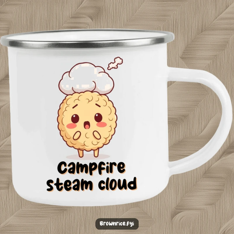Funny brown rice character camping mug, looking startled as a steam cloud rises, perfect for outdoor enthusiasts who enjoy humor.