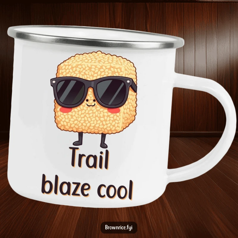 Funny brown rice block in oversized sunglasses, looking very cool on a durable camping mug.