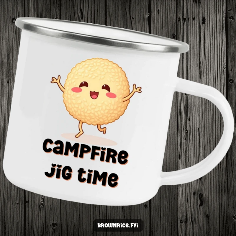 Funny brown rice ball doing a silly dance with wobbly legs, a durable enamel camping mug with a cute and humorous cartoon.