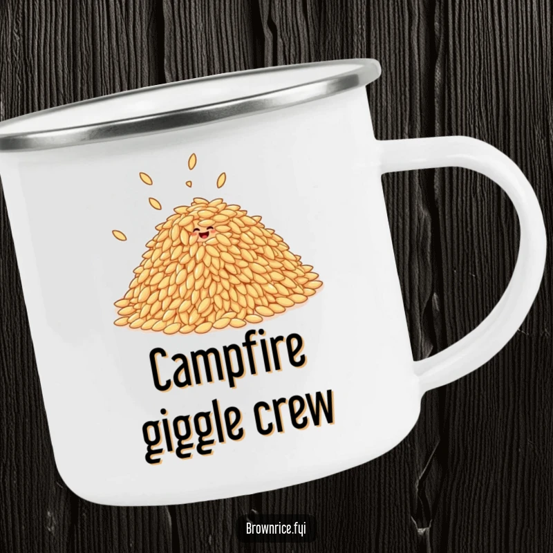 Funny pile of brown rice grains giggling and bouncing playfully on a durable camping mug.