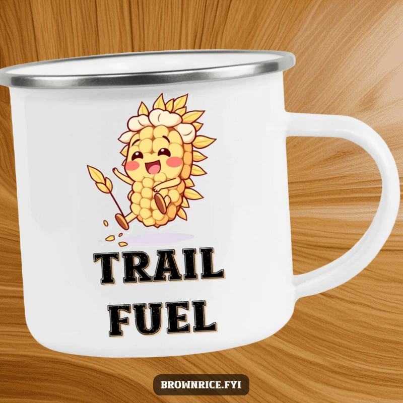 Funny Oat Grain Camping Mug with a happy oat grain character performing a silly stunt, perfect for hot beverages outdoors. A rugged funny gift.