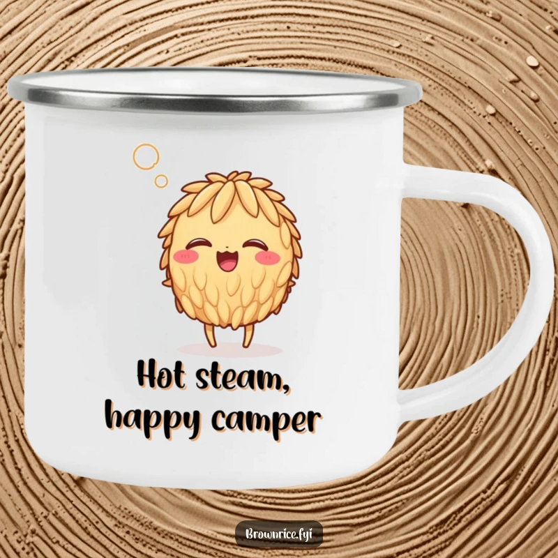 Funny giggling brown rice grain character humorously caught in a steamy gust, ready for adventure on this durable camping mug.