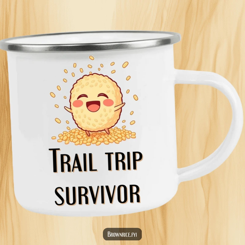 Funny Camping Mug featuring a laughing brown rice character tripping and scattering grains in a playful explosion.