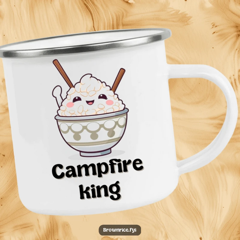 Funny rice bowl character with chopsticks held high in victory, perfect for a durable camping mug.