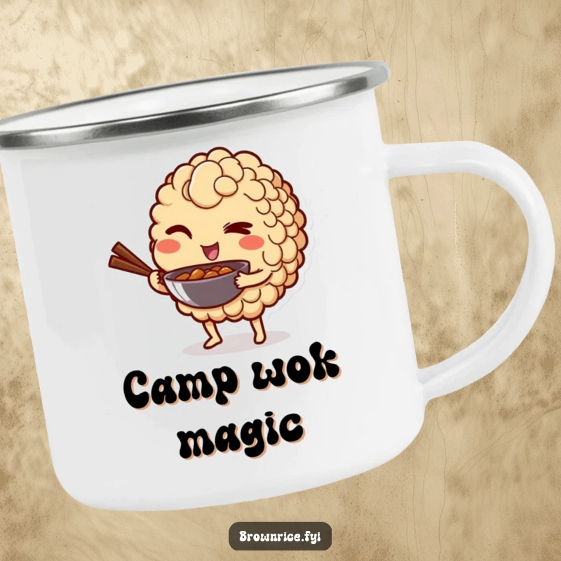 Funny camping mug featuring a brown rice grain character winking playfully while holding a mini wok, for outdoor fun.