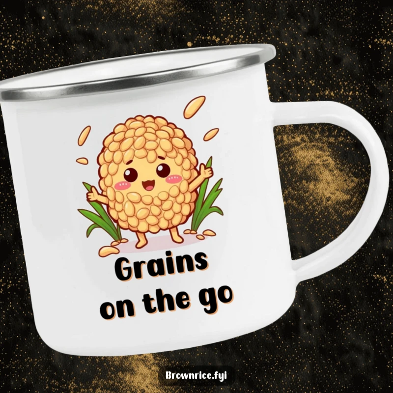 Funny enamel camping mug featuring a brown rice character masterfully juggling different rice grains during an outdoor adventure setting.