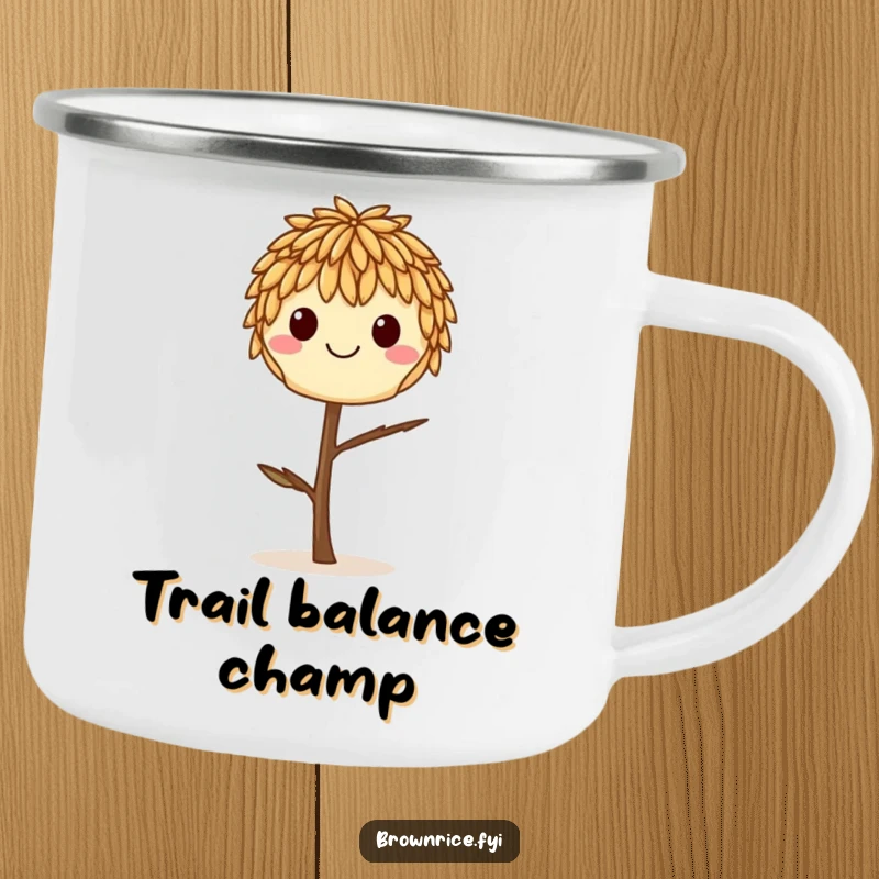 Funny smiling brown rice grain balancing on a tiny twig, on a durable camping mug for outdoor use.