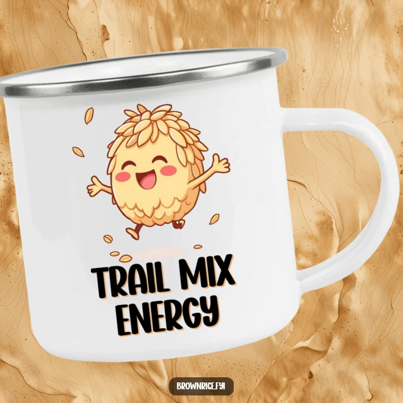 Anthropomorphic brown rice character joyfully bouncing a grain, adorning a durable camping mug.