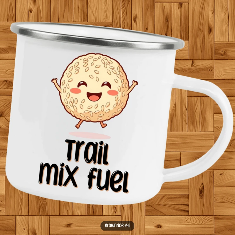 Funny smiling brown rice ball with tiny legs jumping joyfully, a durable enamel camping mug with a cheerful cartoon for outdoor enjoyment.