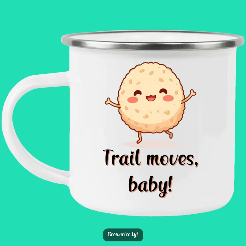 Funny Dancing Brown Rice Ball Camping Mug, Rugged Kawaii Cup for a Silly Gift