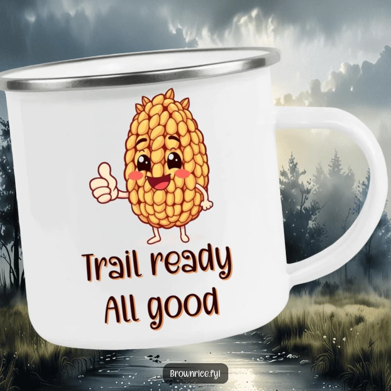 Funny camping mug featuring a brown rice grain character giving an enthusiastic thumbs up, perfect for outdoor praise and drinks.