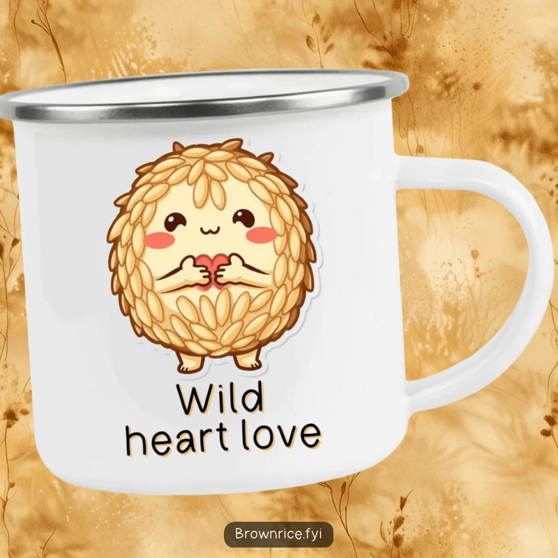 Funny Camping Mug: A brown rice character forming a heart with grains, sharing love on outdoor journeys.