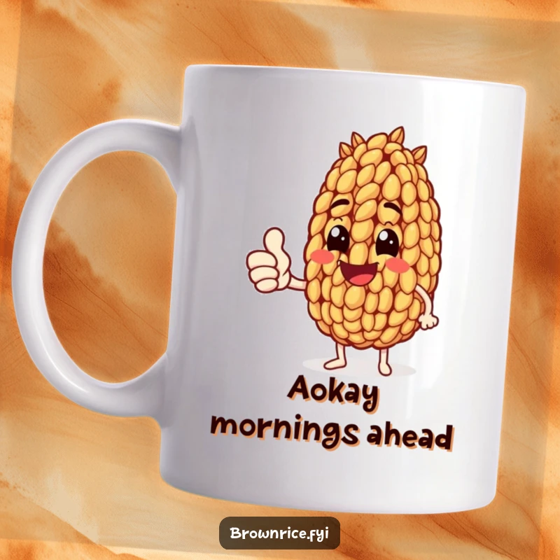 Funny mug featuring a brown rice grain character enthusiastically giving a thumbs up, conveying approval and positive vibes.