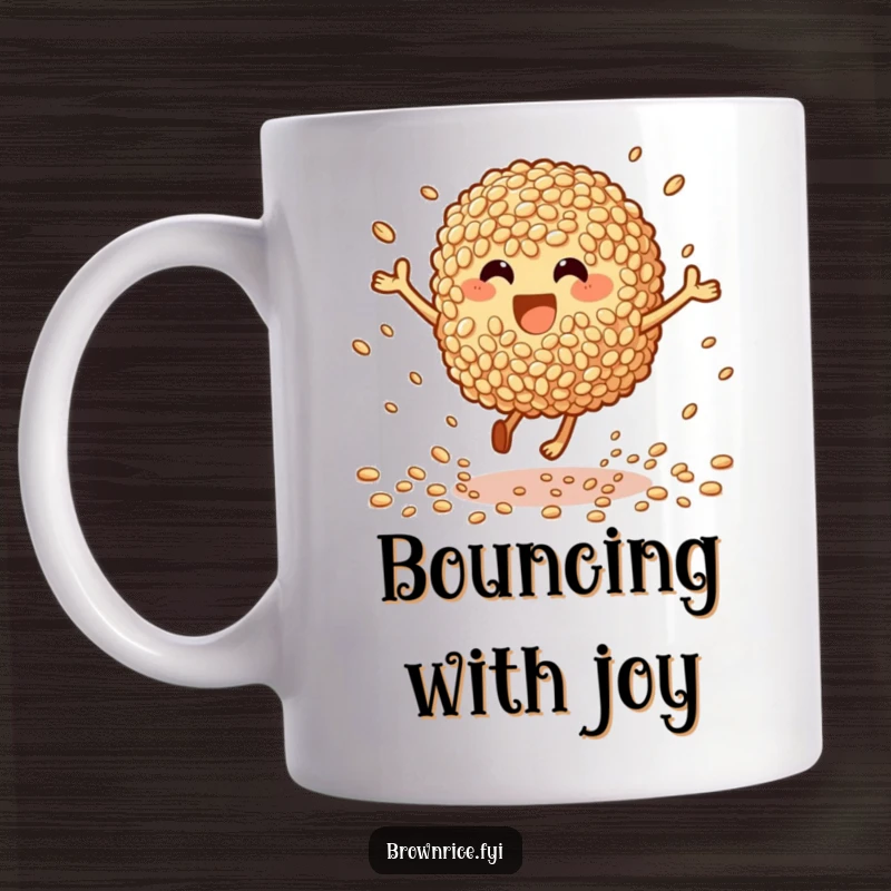 Funny Mug: An ecstatic brown rice character bouncing high, grains scattering, radiating infectious, happy energy.