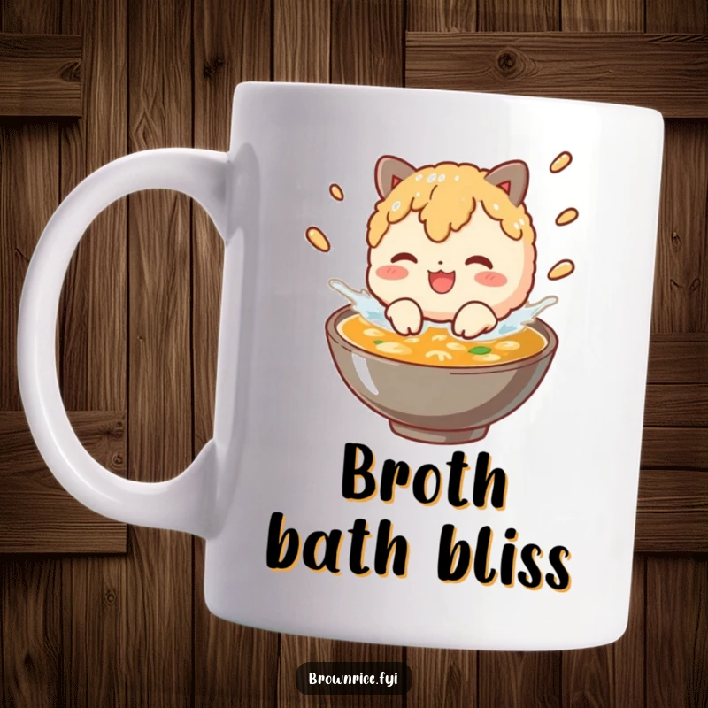 Funny brown rice character joyfully splashing in a bowl of broth, depicted on a humorous mug.
