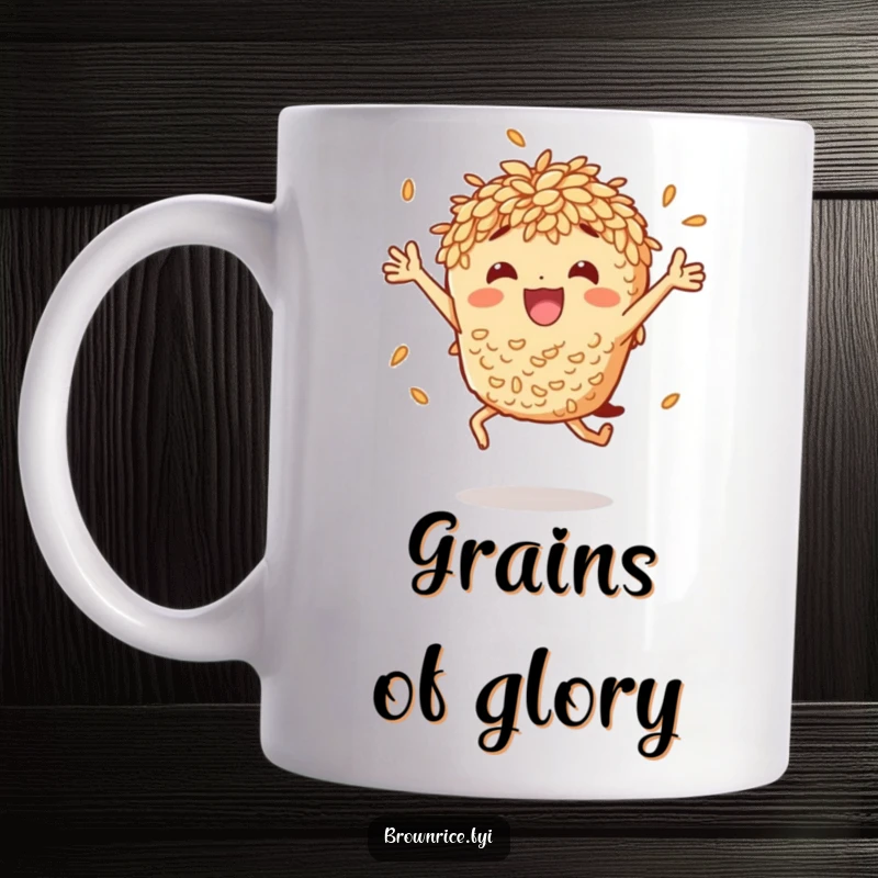 Funny brown rice character mid-air, performing an excited celebratory jump, conveying pure joy and humor for a coffee mug.