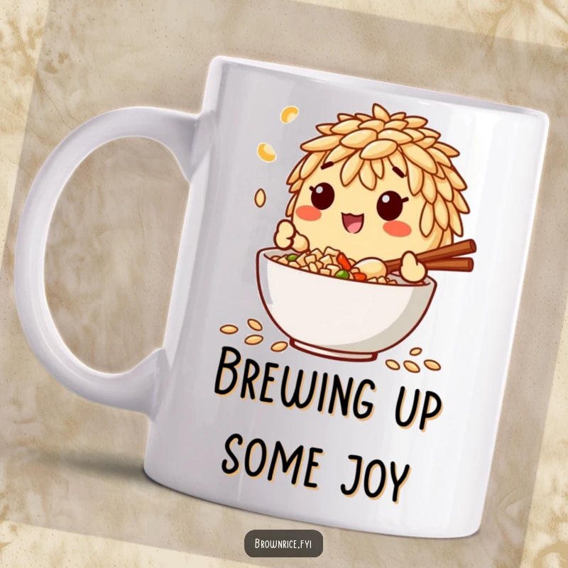 Funny mug featuring a brown rice grain character happily mixing ingredients in a bowl, looking delighted with the culinary process.
