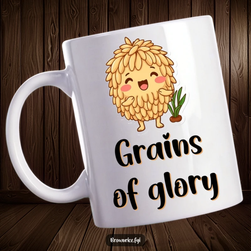 Funny Brown Rice Mug featuring an excited brown rice character holding fresh produce, celebrating a bountiful and healthy harvest.