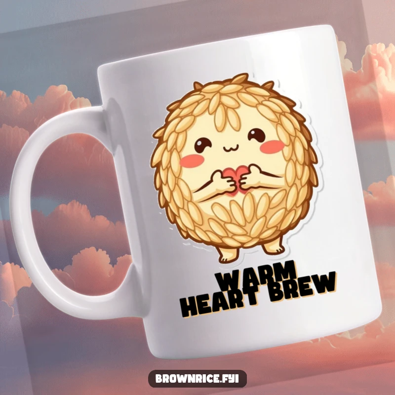 Funny Mug: A loving brown rice character forming a heart with grains, sharing warmth and affection.
