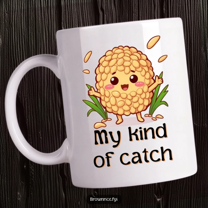 Funny mug with a happy brown rice character joyfully juggling various types of rice grains, embodying a fun and skilled personality.