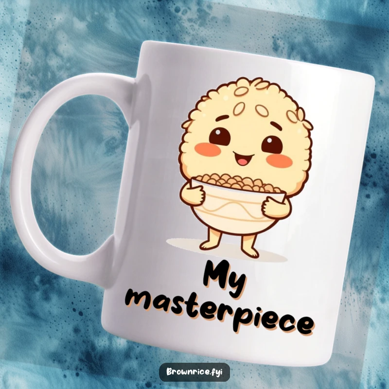 Funny Brown Rice Mug with a proud brown rice character holding an empty bowl, beaming with satisfaction after a delicious meal.