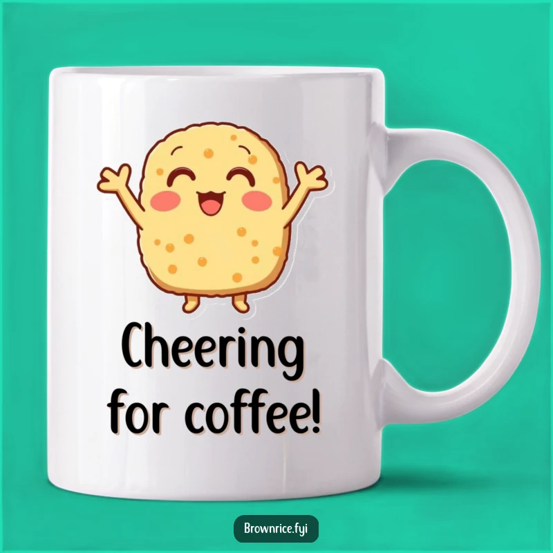 Funny Cheering Brown Rice Patty Mug, Energetic Foodie Gift for Enthusiasts