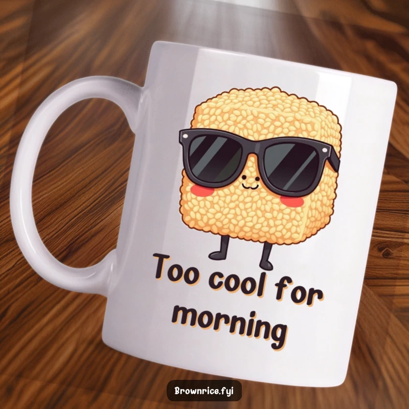 Funny block of brown rice wearing huge, stylish sunglasses, exuding a super cool and confident aura on a mug.