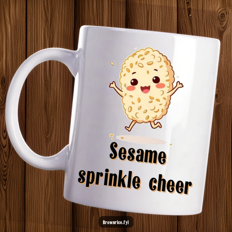 Funny mug featuring a brown rice grain character doing a happy, bouncy jig with a sprinkle of sesame, full of celebratory joy.
