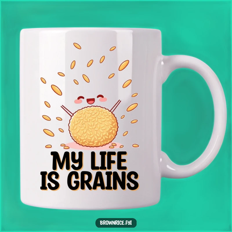Funny Happy Brown Rice Ball Tossing Grains Mug - Whimsical Cartoon Gift for Foodies