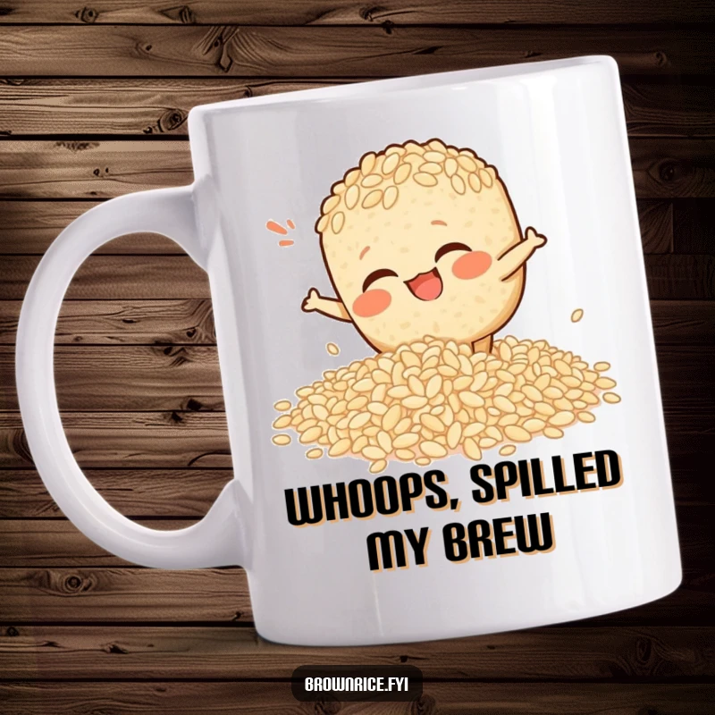 Funny mug showing a brown rice character comically slipping on a pile of spilled rice, a great funny gift.
