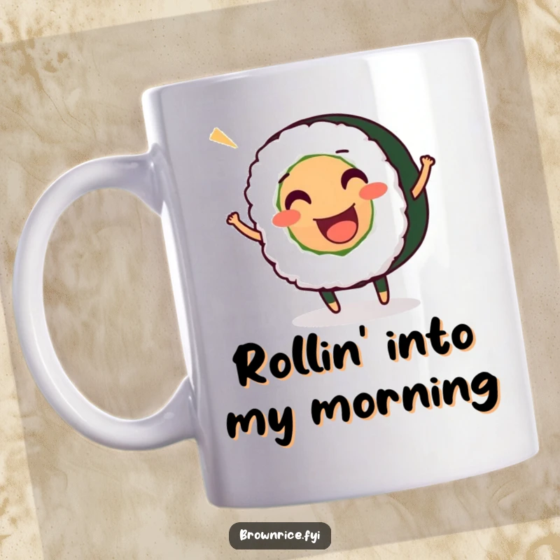 Funny mug featuring a smiling sushi roll character wiggling enthusiastically, celebrating the joy of food and laughter.