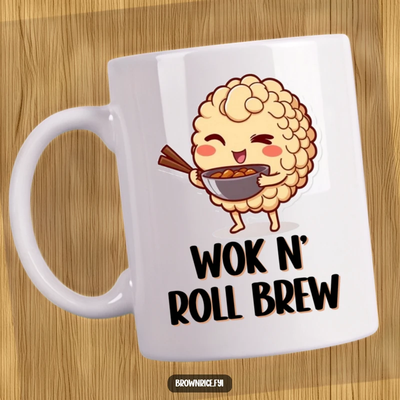 Funny mug featuring a brown rice grain character winking playfully while holding a mini wok, exuding mischief and fun.