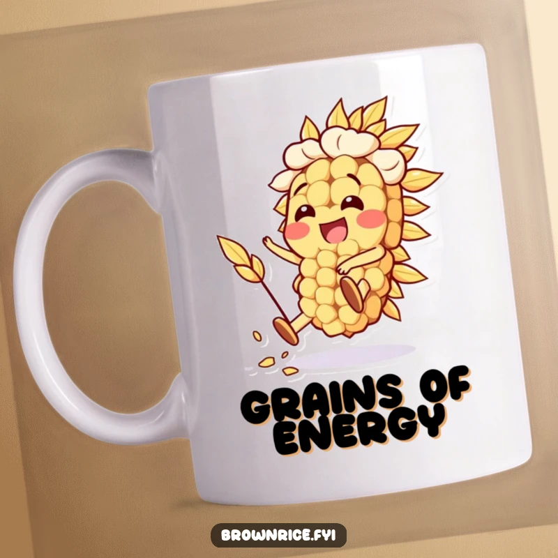 Funny Oat Grain Mug featuring a happy oat grain character performing a silly, acrobatic stunt. An ideal funny gift.