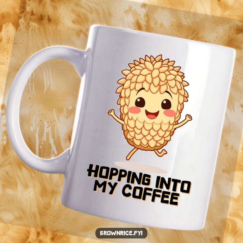 Funny mug featuring a smiling brown rice grain character doing a joyful little hop, spreading happiness with every sip.
