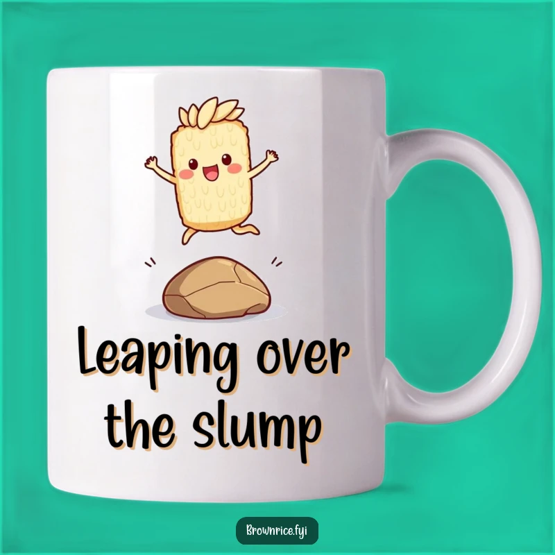 Funny Brown Rice Jumping Pebble Mug: Joyful Character's Leap