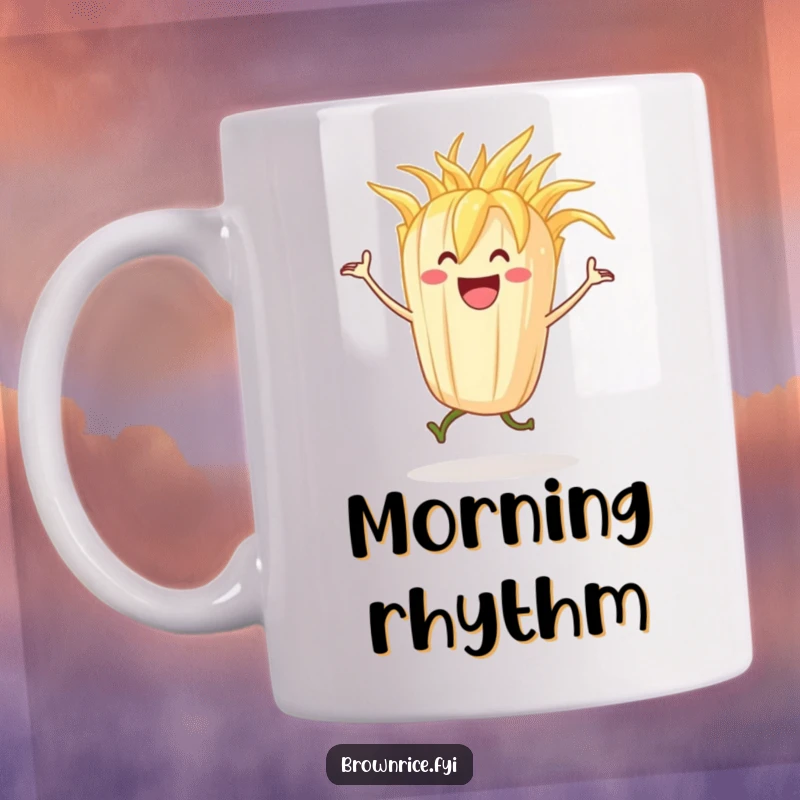 Funny grinning stalk of rice character caught mid-dance with pure abandon, perfect for a humorous mug.