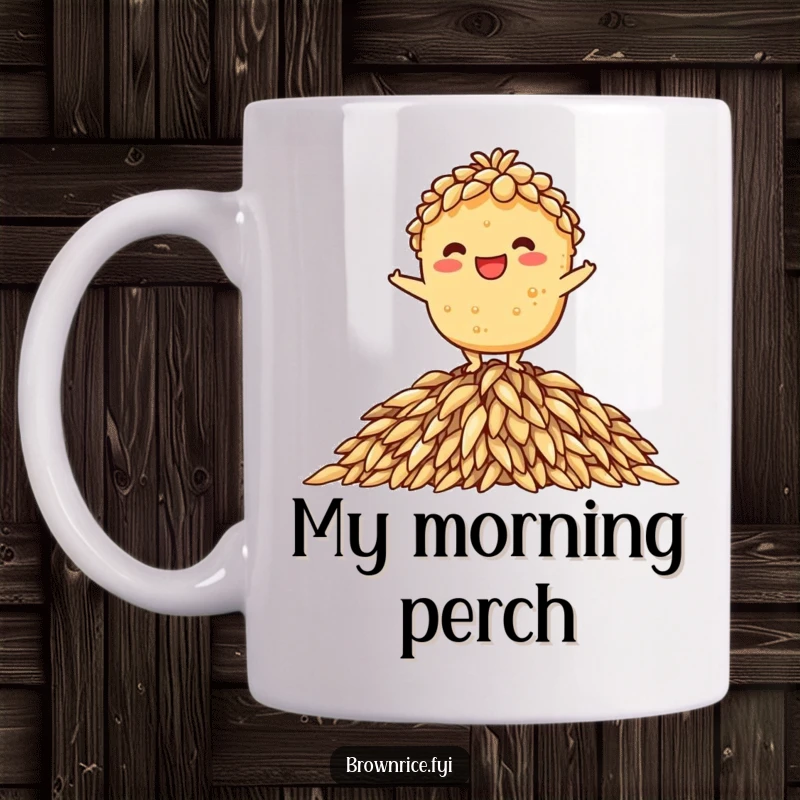 Funny mug depicting a grinning brown rice character skillfully balancing on a precarious pile of rice, a funny gift.