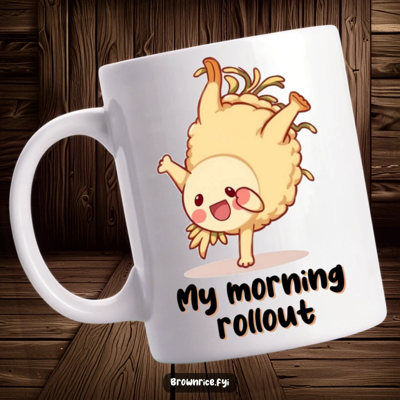 Funny brown rice character mug, joyfully performing a somersault with a big cheerful expression, perfect for a playful gift.