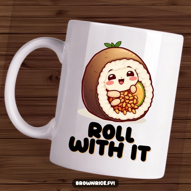 Funny playful brown rice grain character humorously sliding into a sushi roll, expressing pure joy and silliness on a mug.