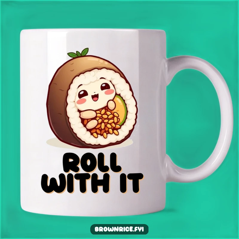 Funny Sushi Rice Grain Mug: Playful Character's Slippery Sushi Adventure