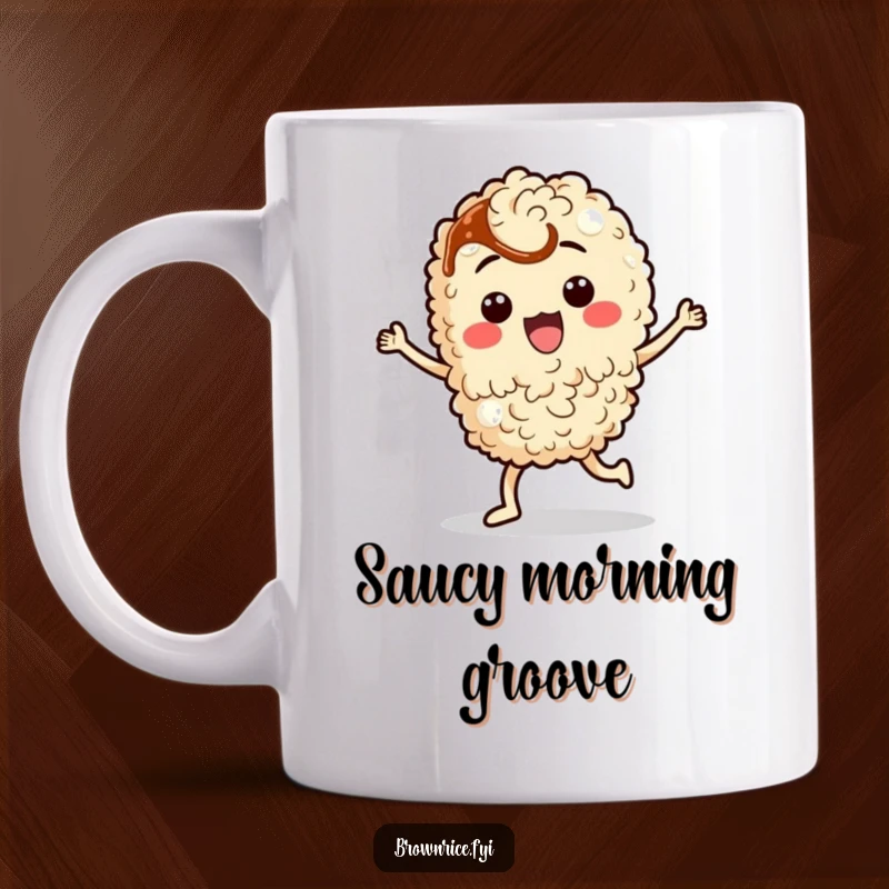 Funny brown rice character doing a silly, energetic dance with a hint of soy sauce, on a humorous mug.