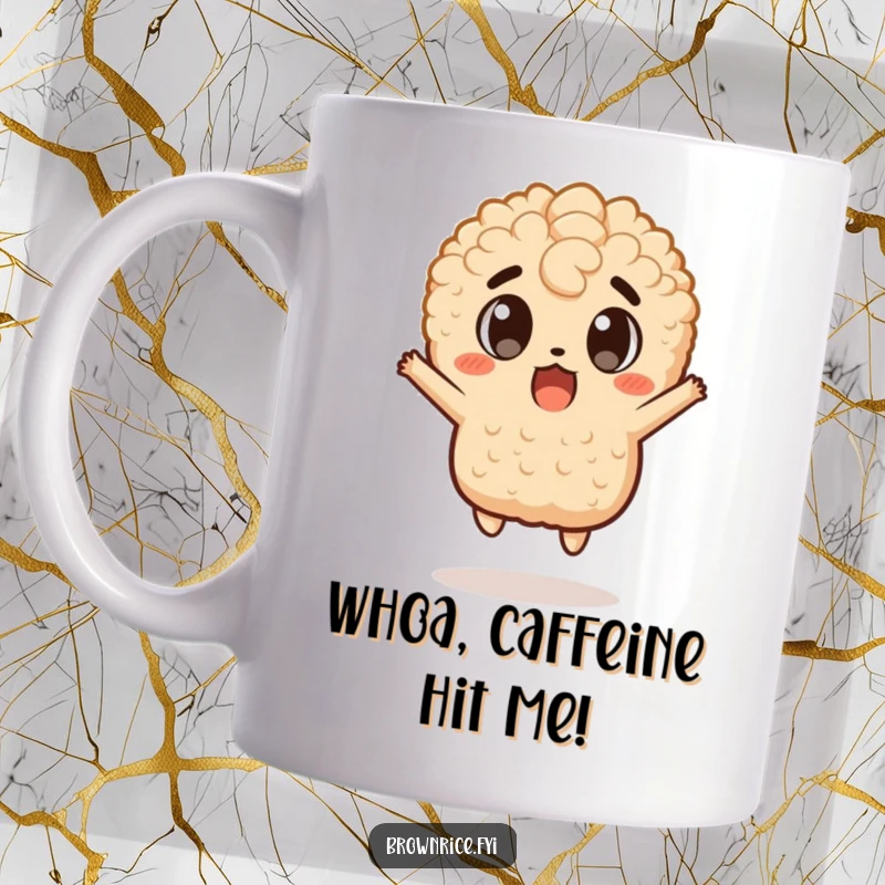 Funny mug featuring a brown rice character mid-air in a surprised jump, eyes wide with comical shock, perfect for a funny gift.