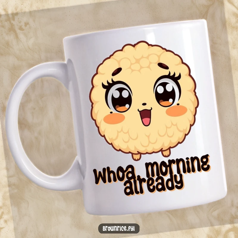 Funny mug featuring a brown rice grain character with comically widened eyes, expressing utter surprise and shock.