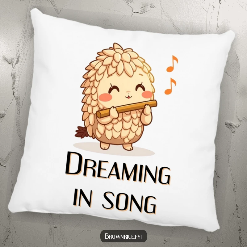 Funny Brown Rice Pillow showcasing a content brown rice character playing a tiny flute, perfect for adding cozy musical charm.