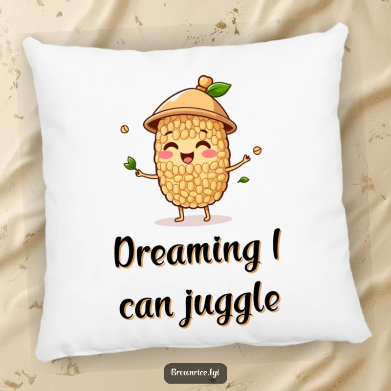 Funny pillow featuring a happy brown rice grain character in a hat juggling sprouts, perfect for adding comfort and whimsy.