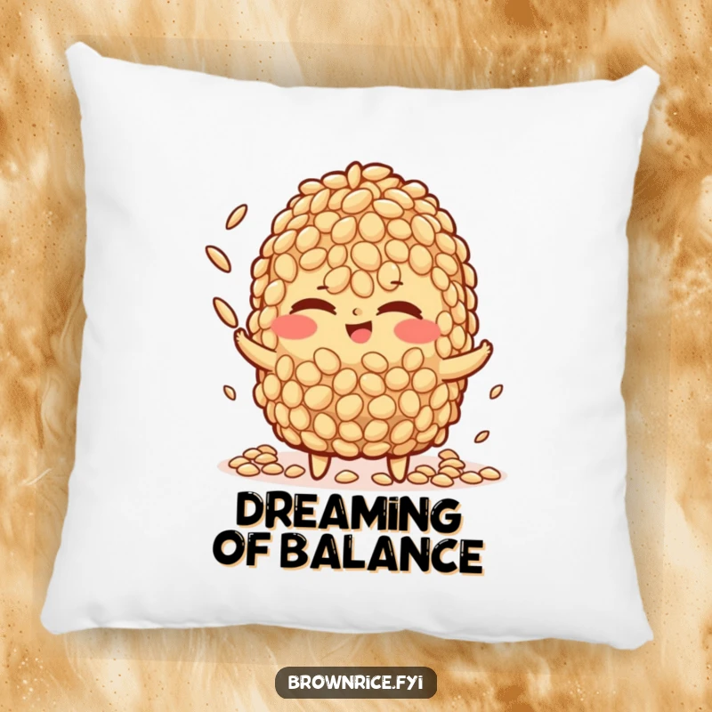 Funny brown rice character pillow, winking mischievously while juggling tiny rice grains, providing cozy comfort and a humorous accent.