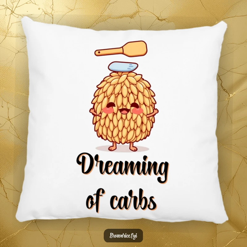 Funny brown rice grain with a spatula on its head on a decorative pillow, symbolizing culinary passion and humor, a cozy humorous gift.