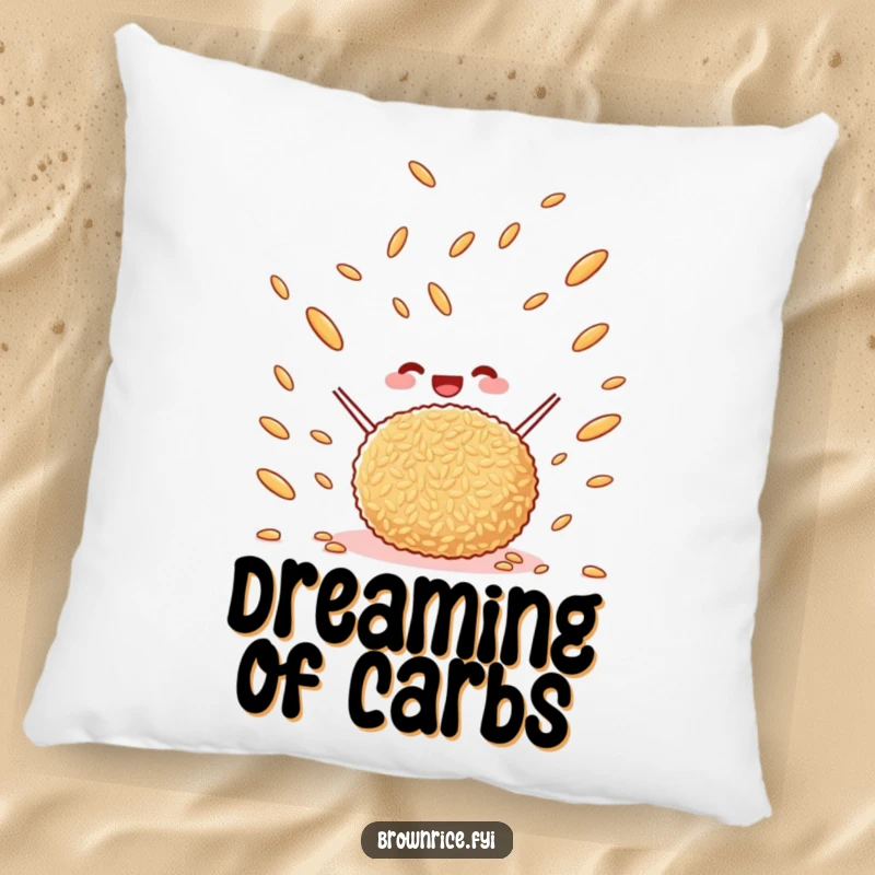 Funny happy brown rice ball tossing brown rice grains in the air, a plush and comfortable pillow with a cute cartoon design.