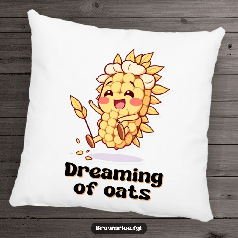 Funny Oat Grain Pillow with a happy oat grain character performing a silly stunt, offering comfort and cheer. A cozy funny gift.