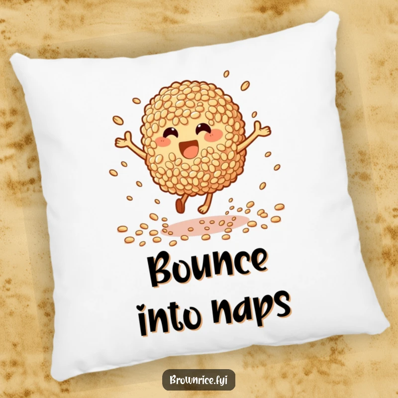 Funny Pillow: A happy brown rice character bouncing with glee, grains scattering, a cozy symbol of excitement.